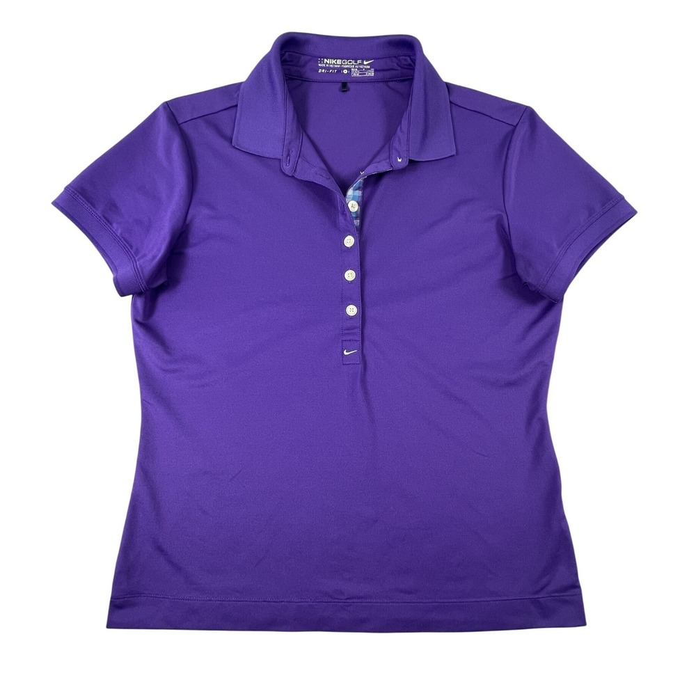 Nike Polo Shirt Womens Small Purple Golf Dri-FIT Short Sleeve Plaid Trim
